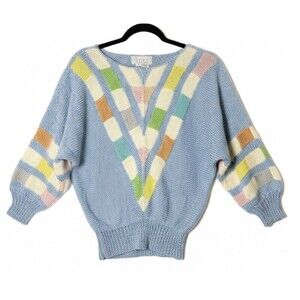 Vtg Nannell Hand Knit Sweater Women Small Blue Pastel Colorblock Angora Wool